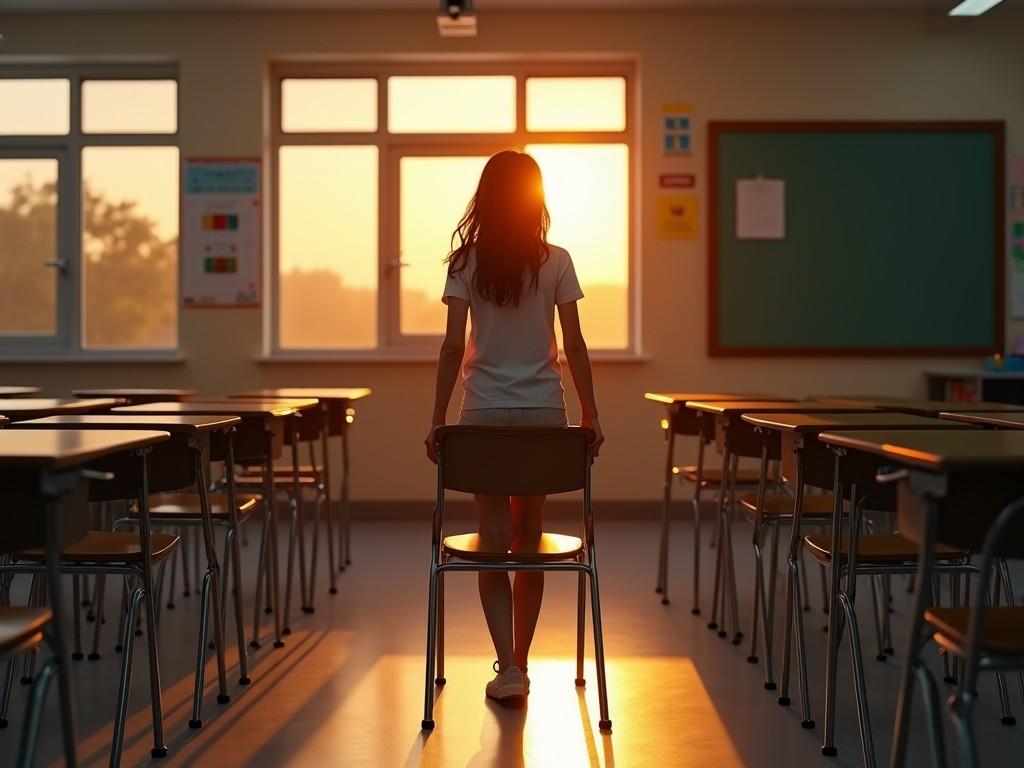 A young girl stands at the entrance of an empty classroom, basking in the warm, golden light of an early morning sunrise. The sunlight streams through large windows, casting long, soft shadows across the floor. The classroom is tidy, with rows of desks leading toward a blackboard that occupies the far wall.