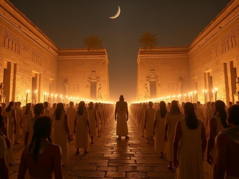 Ultra-realistic IMAX wide shot of an Ancient Egyptian temple courtyard at night surrounded by people. Thousands of torches provide warm amber lighting. A crowd stands silent, featuring men, women, children, and priests with traditional attire. Pharaoh stands at the gate wearing gold attire and a nemes crown. Bronze armor is visible on soldiers. Temple walls are inscribed with hieroglyphics. Statues and palm trees are present.