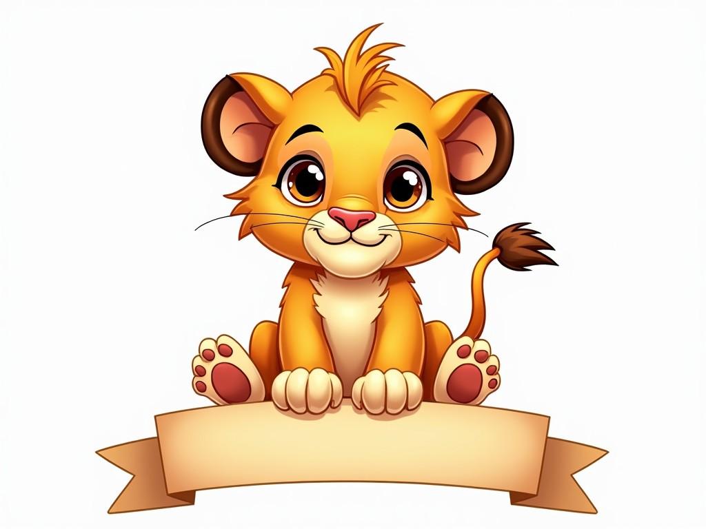 A cute, cartoon-style lion cub is sitting playfully on a blank banner, inviting viewers with its large, expressive eyes and warm color palette. The cub's mischievous expression and big paws add a sense of innocence and fun, while the blank banner below offers space for personalization.