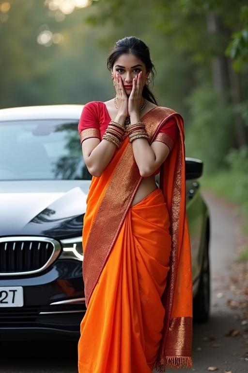 Indian woman in a traditional saree. She stands in front of a BMW car hiding her face with her hands.