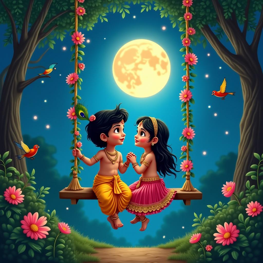 Depiction of little Radha and Krishna on a swing in a jungle at night. Full moon glows above. Swing decorated with flowers. Krishna in yellow dhoti with peacock feather. Radha in pink gold lehenga with jewelry. Serene ambiance with chirping crickets and colorful birds. Joyful playful atmosphere.