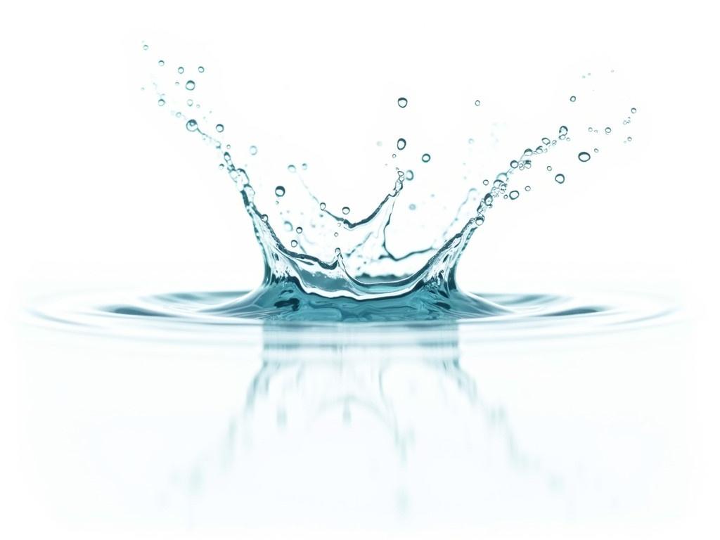 A water splash isolated on a white background. The image should capture the moment of water colliding, creating a dynamic and beautiful spray. The water droplets should be clearly visible, showcasing their individual forms as they leap off the surface. It should convey a sense of movement and freshness, emphasizing the clarity and purity of the water. The lighting must enhance the blue tones of the water, making it look inviting and vibrant.