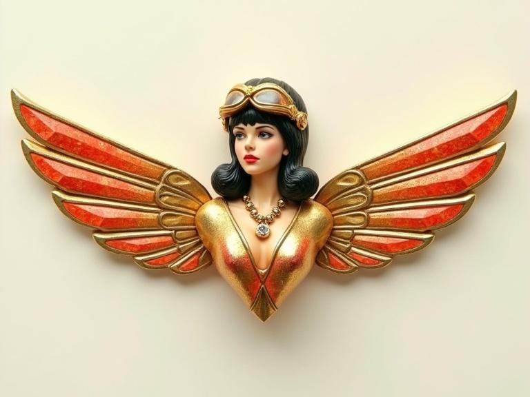 A 3D auction catalog photo shows a vintage 1950s pilot wings insignia featuring a female pilot. The pilot has bold geometric wings and is adorned with a necklace. The materials include gold, onyx, and coral. The piece is a jewelry masterpiece with a streamlined design and a plain background.