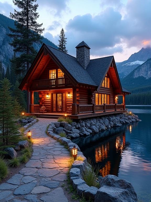 A charming log cabin by a serene lake surrounded by mountains and forests. The cabin is made of dark brown logs with a steep gray roof and stone chimneys. It features glass windows and a balcony with wooden beams. A stone path leads from the foreground, bordered by lanterns. The lake reflects the cabin's lights and surrounding scenery. Tall evergreen and deciduous trees surround the cabin against a mountain backdrop. The sky is a gradient of blue and purple at dusk, creating a warm and tranquil scene.