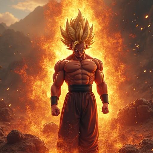 Transforming Saiyan character surrounded by flames in a dramatic landscape. Fiery backdrop with rocky terrain. Hyper realistic style with detailed features and expression. Cinematic angle emphasizing power and strength.