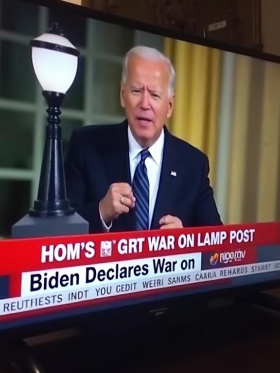 Fake news broadcast screen with headline Biden Declares War on Lamp Post. Red breaking news banner features comical style text. Image shows an angry politician gesturing. Lamp stands next to the broadcast.