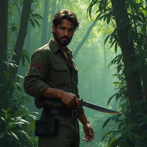 Digital painting of a man standing in a jungle holding a knife. The scene is illustrated to evoke the style of 90s action movies.