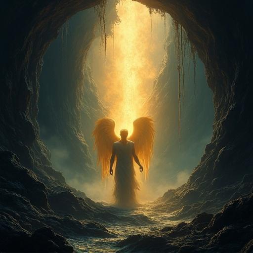 Glowing angel of light stands in darkness illuminating the grotto with bright strength in a fantasy art style reminiscent of Boris Vallejo