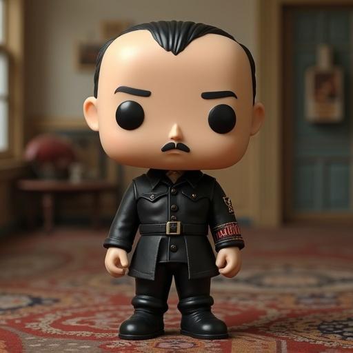 A stylized Funko Pop figure resembling a historical figure. Character has dark hair and is dressed in a black uniform. The figure stands confidently in a room mimicking a vintage style. Details include prominent large eyes and a small mustache. The figure is placed on a carpet with classic patterns. There is soft natural lighting in the background, enhancing the environment.