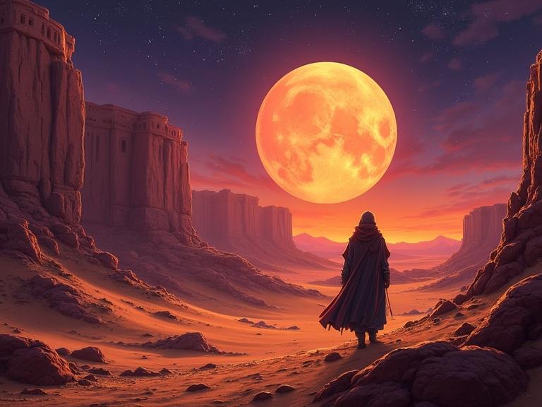 A vast desert landscape with towering rock formations and a large orange moon rising on the horizon. A hooded figure stands in the foreground, gazing into the distance. Warm sunset colors illuminate the scene. The atmosphere is mystical and adventurous, suggesting a narrative of exploration.