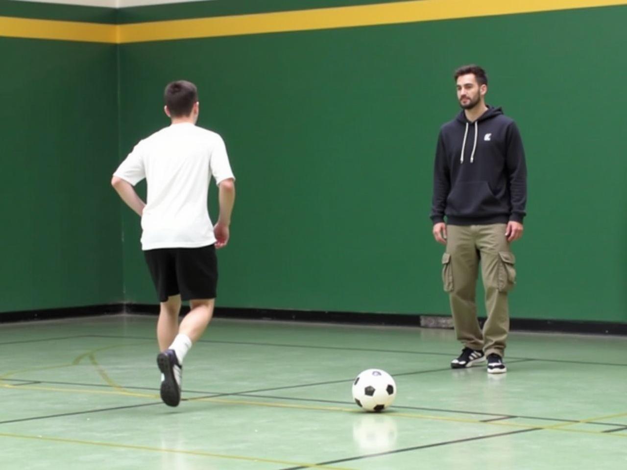 The image captures an indoor soccer scene. One player is actively running towards the ball, which is sitting on the court floor. He is wearing a white shirt and black shorts, indicating he is ready to play. Another individual stands in the background, dressed in a dark hoodie and cargo pants, possibly waiting for his turn or observing the game. The environment appears to be a gym or sports hall, with a green and yellow color scheme on the walls.