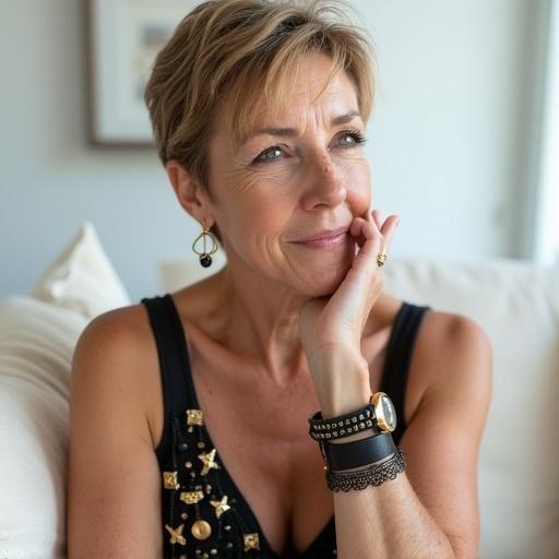 Middle aged woman with stylish pixie cut. Sitting on white couch. Leaning back with right hand under chin. Fair skin with freckles. Wearing black sleeveless top with gold bead pattern. Featuring multiple bracelets on left wrist. Simple gold hook earrings. Subtle makeup with dark eyeliner and nude lipstick. Bright, blurred background for focus.