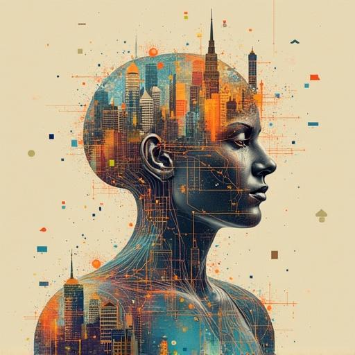 A digital illustration of a profile of a human figure. Head features a vibrant city skyline. Elements of technology and intellectual property interwoven.