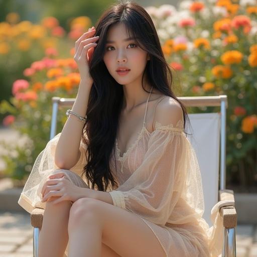 A Korean woman with long black hair sitting on a beach chair in a flower-filled setting. She wears a sheer outfit revealing her silhouette. The lighting is soft and warm. The mood is dreamy and artistic.