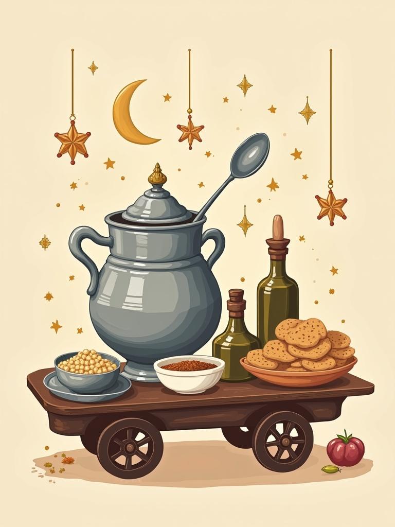 Bold illustration showing a traditional cart filled with a large silver fava bean jar a big serving spoon small stacked bowls a liquid tahini bottle an olive oil bottle a cumin container and spread breads. The cart is decorated with stars and a crescent moon for Ramadan.