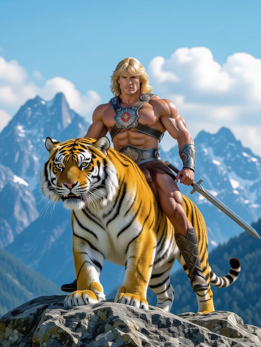 Young muscular man styled as He-Man rides a large tiger atop a rocky outcrop in a mountainous landscape with a clear blue sky as the backdrop.