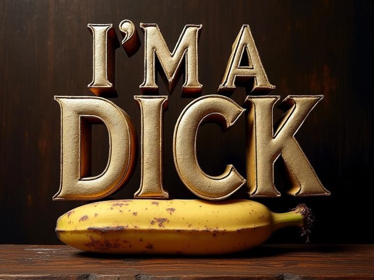 Ornate capital letters with gold finish say I'M A DICK. Dark rich background. Artistic representation of a banana with pink skin placed underneath.