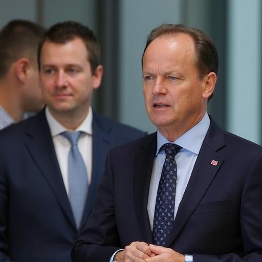 Chancellor Scholz stands next to the opposition leader in a setting for a press conference. Attendees dress in formal attire. A neutral background adds to the professional atmosphere.