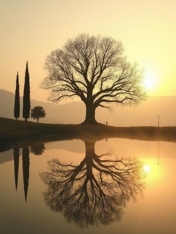 Photograph of a serene early morning landscape. Large leafless tree in the center. Intricate dark branches reflected in calm pond. Hazy golden sunrise in background. Two tall slender trees and a small bushy tree on the left. Silhouette of a person on the far left. Distant hills illuminated with a tranquil atmosphere. Warm muted color palette with gold brown gray tones.