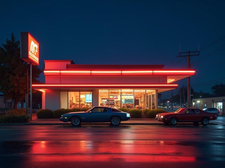 Orthographic side view of a 1980s fast food restaurant at night with neon lights. The building has geometric shapes and a wide canopy. Large windows reveal a warm interior. Cars are parked outside. Wet pavement reflects the lights. Focus on architectural details from the era.