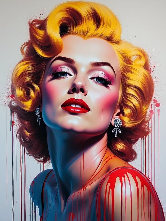 Beautiful modern painting featuring a color dripping effect styled after iconic Marilyn Monroe. Focus on the vibrant hair and striking colors.