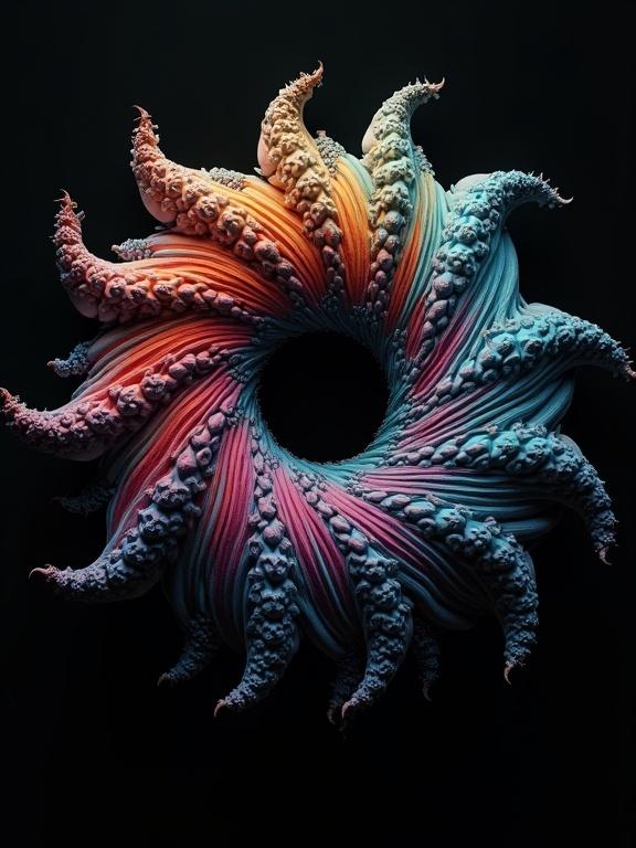 Fractal design with intricate detail. Black background emphasizes depth. Gradient colors create vibrant stripes. 3D appearance with a central hollow. Unique and modern aesthetic appeal.