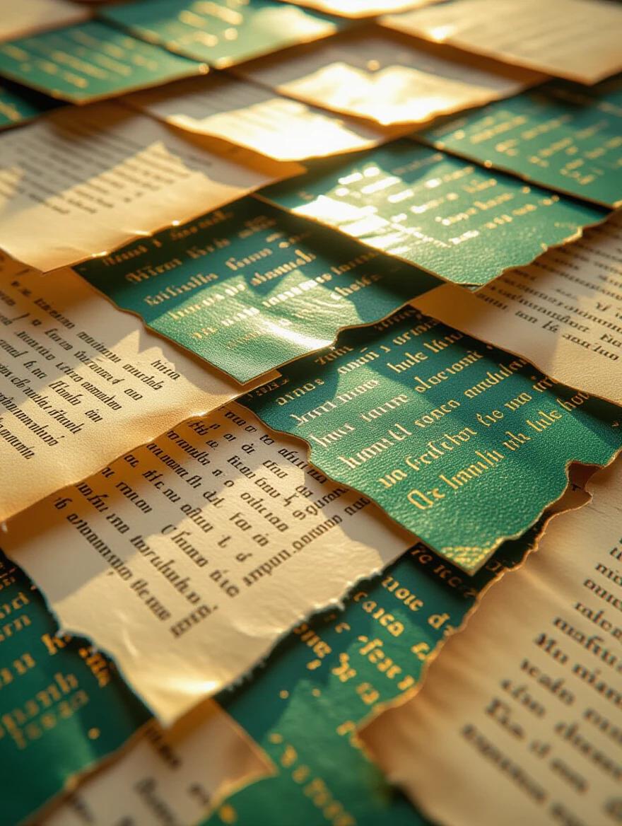 Close-up view of overlapping illuminated parchment fragments. Shades include emerald green and teal. Translucent amber inks appear. Texts resemble medieval manuscripts. Arranged in a dense pattern. Warm light creates golden highlights. Metallic gold outlines edges. Smooth glossy surfaces show color variations. Low viewpoint emphasizes complexity. Ethereal ambiance evokes magic. Macro photography enhances details.