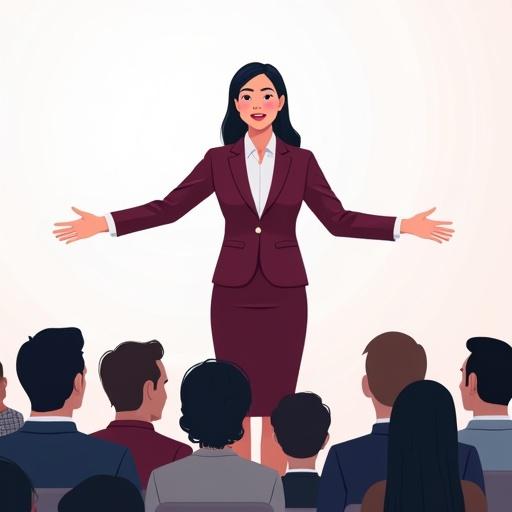 Asian adult female in business attire stands confidently at the front of a diverse audience. Arms are open wide while speaking. Background is transparent. Audience consists of 10-15 people of various genders and ethnicities. Color palette includes rich maroons, navy blues, and pale greys.