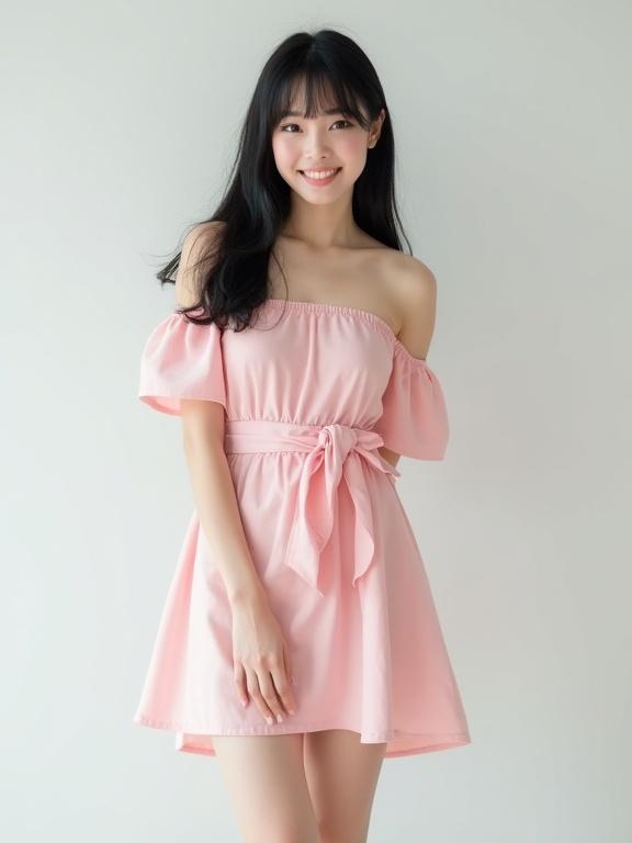 Full-body photo of a girl in a pastel pink off-shoulder mini dress with a ribbon belt. Long black hair with bangs. Natural makeup and soft smile. Realistic lighting and slim figure. Photorealistic style and high-quality fashion photography.
