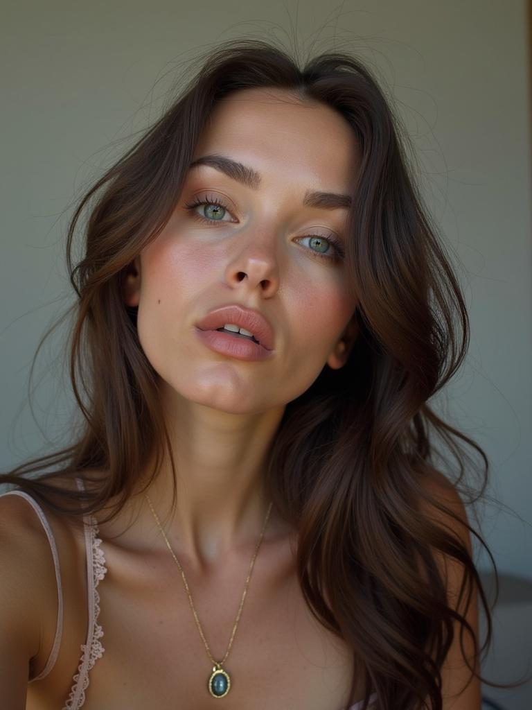 Photo of a woman with long wavy hair wearing a delicate necklace. The background is softly blurred.