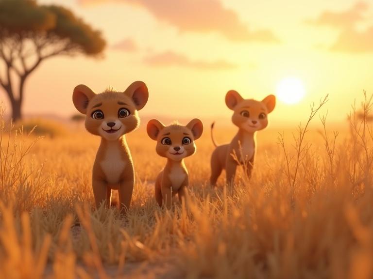 A 3D animated depiction of three animal cubs standing on the African savannah during sunset. The cubs appear playful and friendly against a warm background of grass and a glowing sunset.