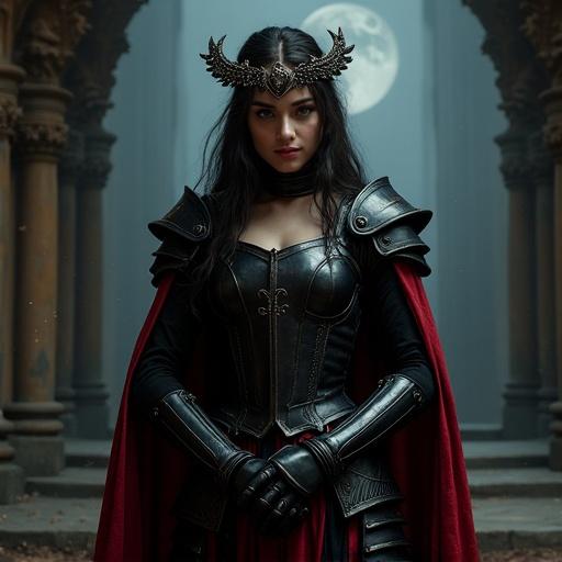 Young woman in gothic armor with crescent moon crown standing nervously. Black and crimson colors. Soft lighting in mystical room. Magical particles floating around. Faint smile and blush on her face.
