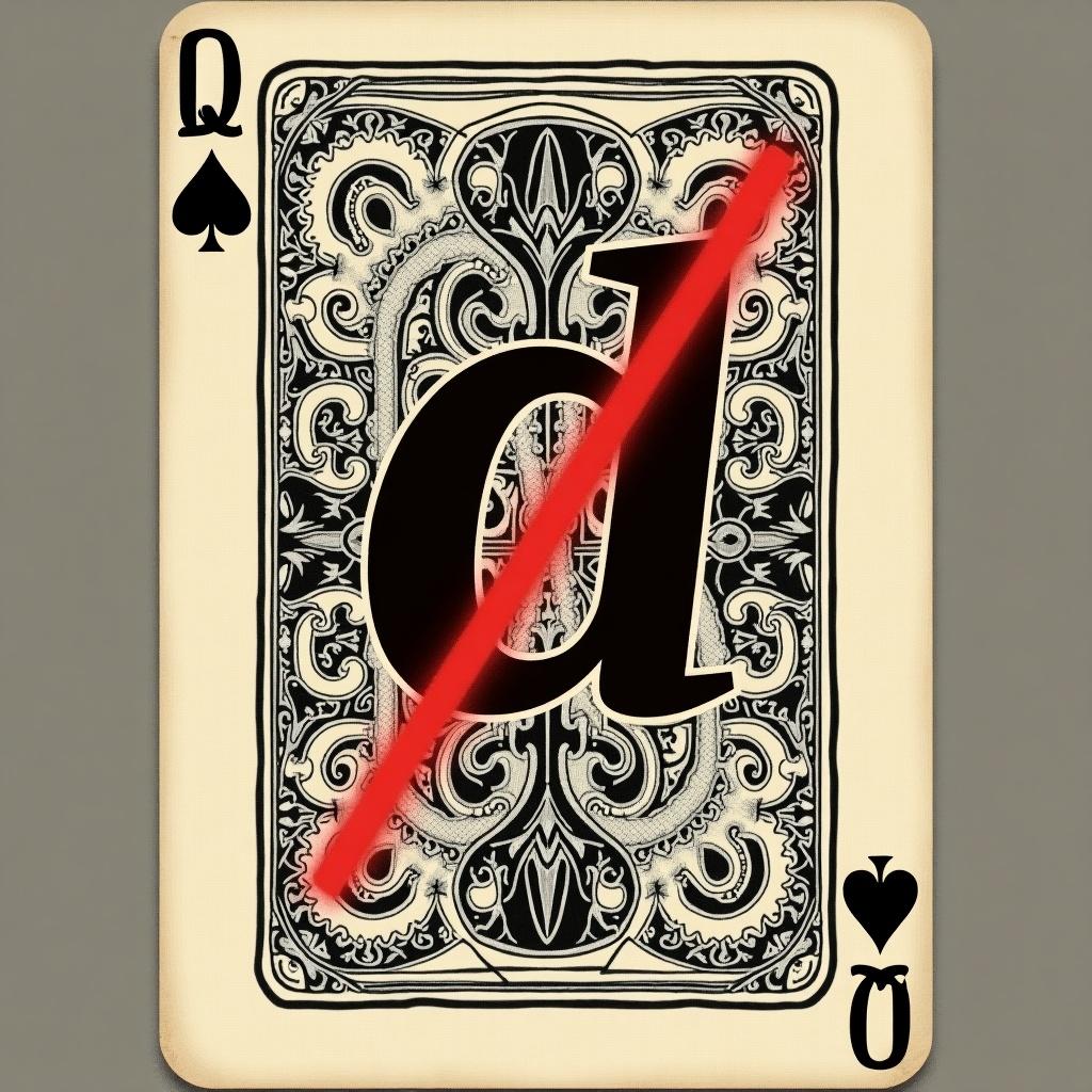 Vintage playing card with elegant design featuring text 'd' crossed out in bold red strike.