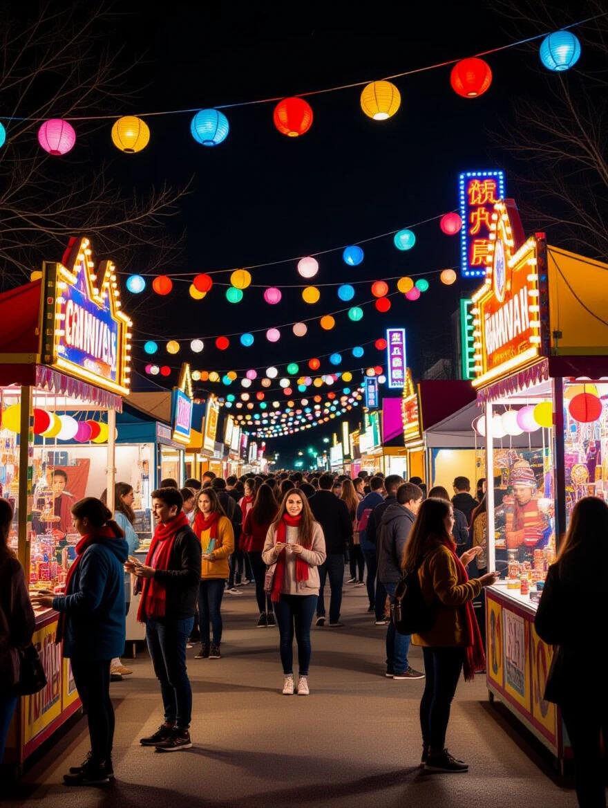 Side-tracking shot of crowded night carnival on campus BBS anniversary celebration. Colorful paper lanterns glow in the night sky. Students in scarves actively participate in various carnival games. The scene captures a slight handheld feel with warm ambient lighting. A stylized realism enhances the festive ambiance.