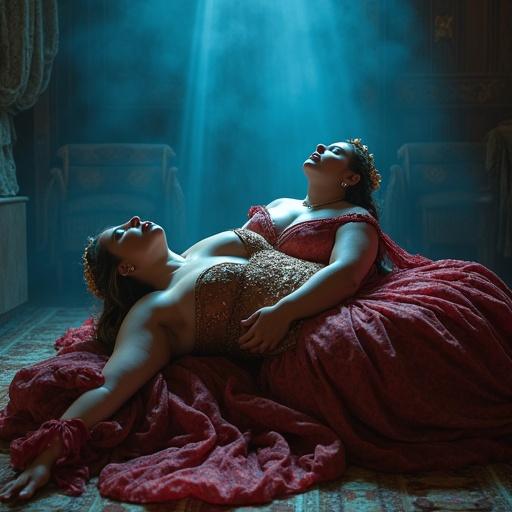 Caucasian queen displays her curvy figure in a dramatic bedchamber scene. She fights for survival against her blonde husband. The moment captures her straddling him with arms raised and soul transfer imagery. A blue magical effect is present.