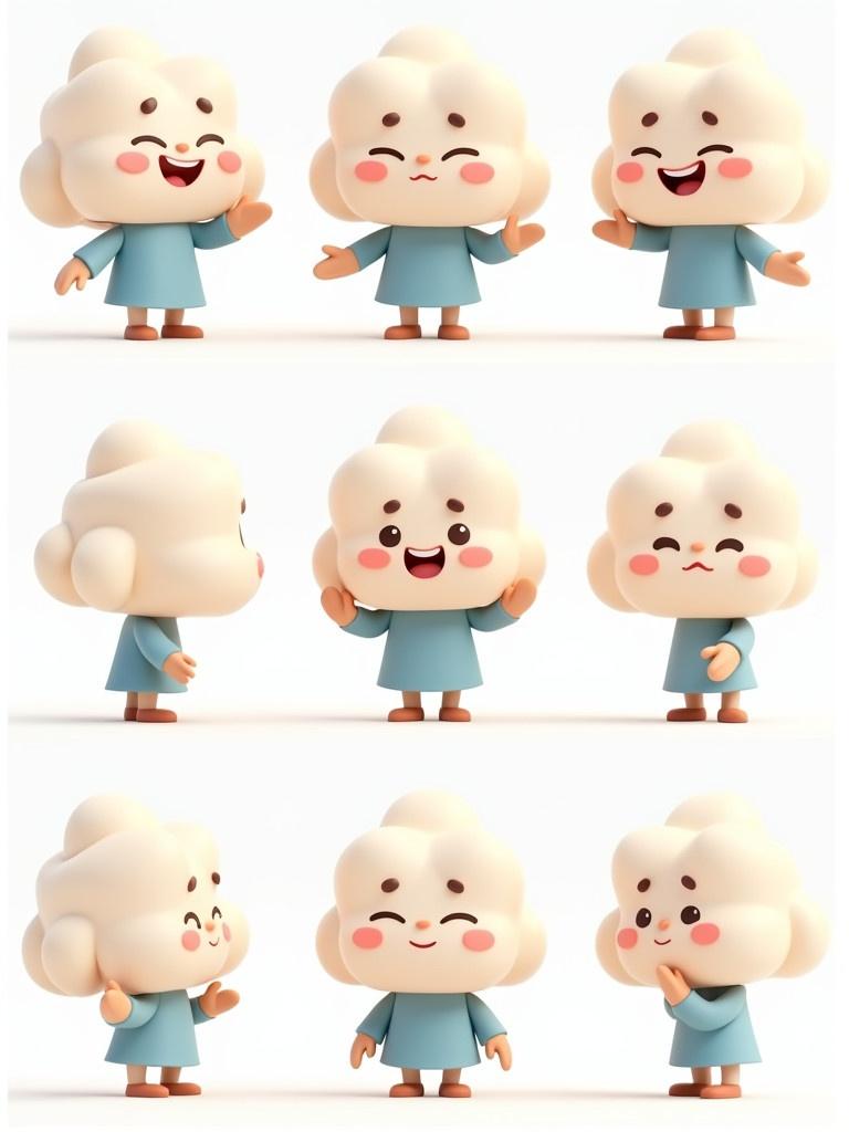 3D cartoon character represents a cheerfully designed cloud with brown hair. The character is in a short blue dress. The cloud appears fluffy and soft. The character's emotions include joy, shyness, excitement, curiosity, and enthusiasm. The cloud shape shifts with each emotion. Different poses reflect movement and engagement. Bright colors including soft blues and warm tones enhance the cheerful theme. The character targets children's media contexts such as books and animations.