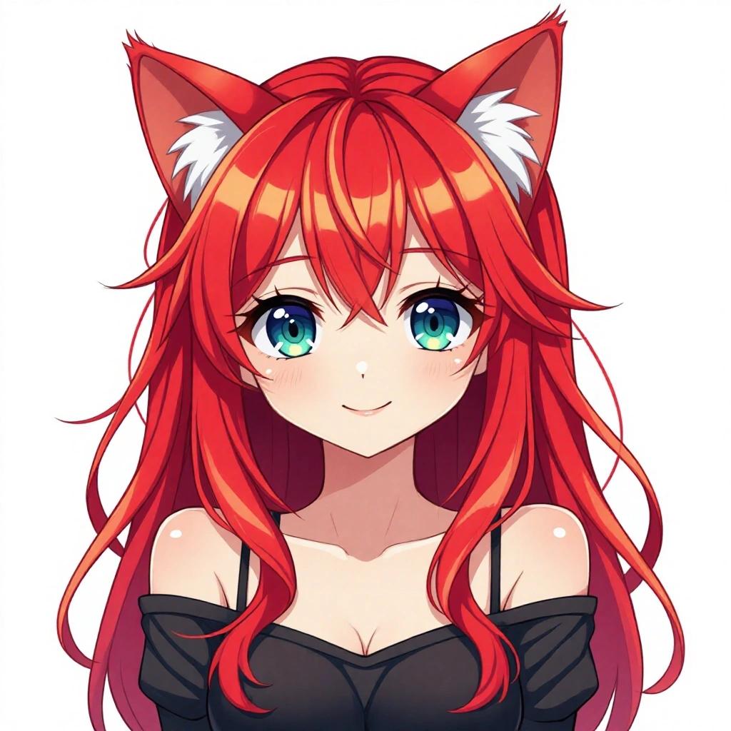 A cute cat girl character with vibrant red hair and cat ears smiling at the viewer. Eyes are bright blue, wearing a simple black top.