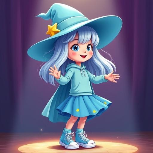 Trixie showcases magic tricks during a school talent show exuding confidence. She possesses silvery-blue hair adorned with a yellow star hairpin. Trixie dons a pale blue witches hat a blue cape a blue hoodie top a blue skirt featuring yellow stars blue socks and blue Converse sneakers.
