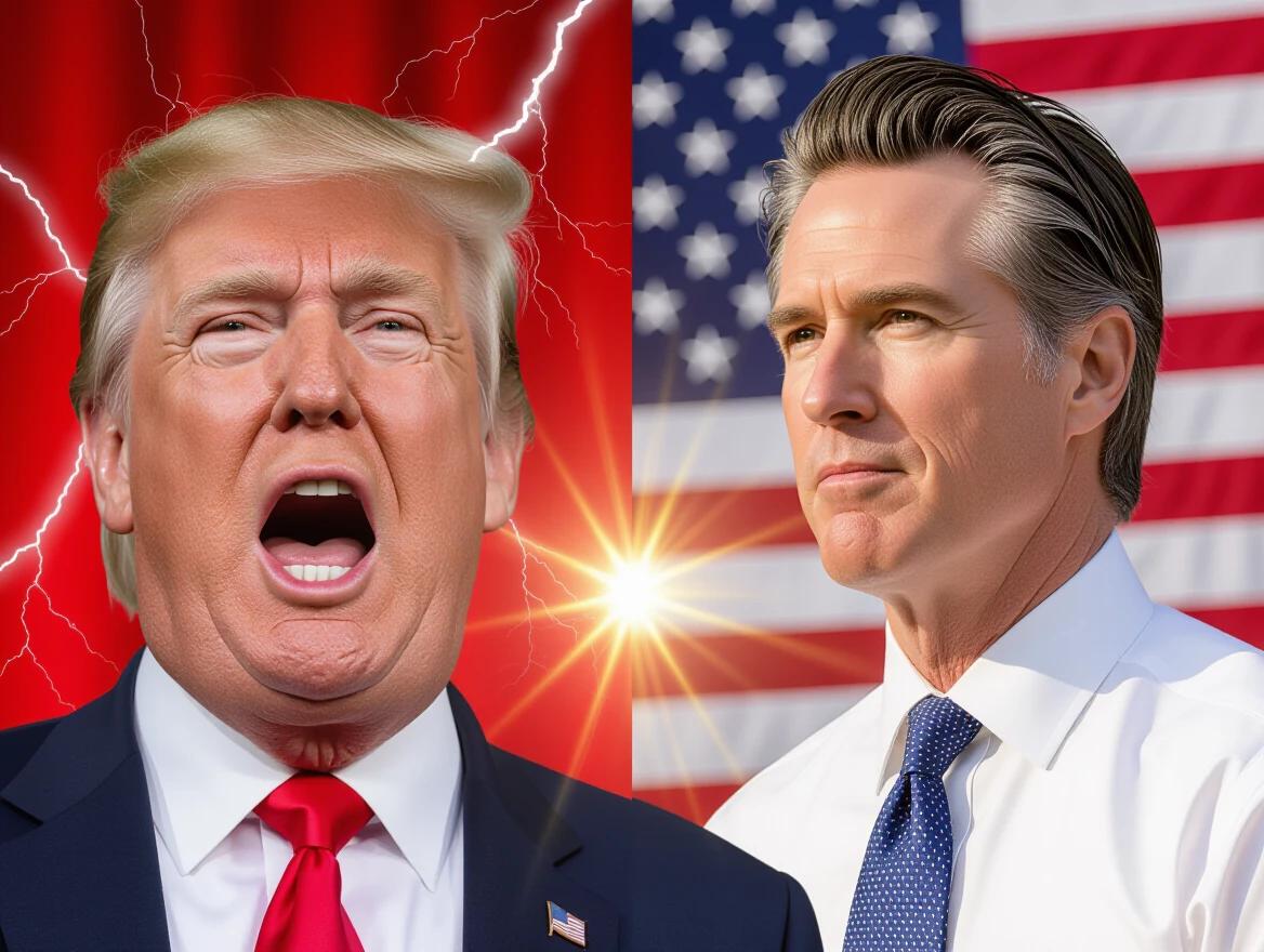 Ultra-realistic 3D photo showing a split montage. On the left, Trump yelling at a rally with a red lightning background. On the right, Newsom calmly standing before the American Constitution, with symbolic light from above and intense contrasts.