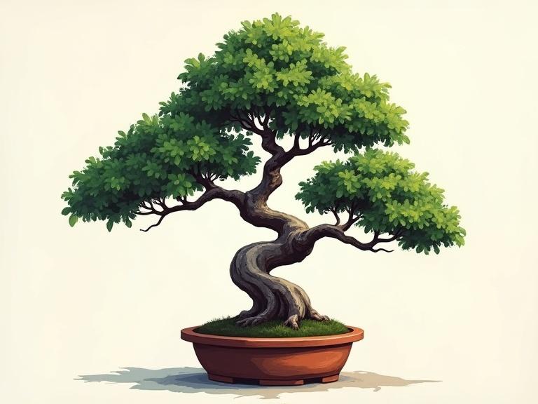 Screen print of a realistic bonsai tree. Tree has bold leaves and simple background. Trunk is gnarly with clumpy leaves in clay pot.