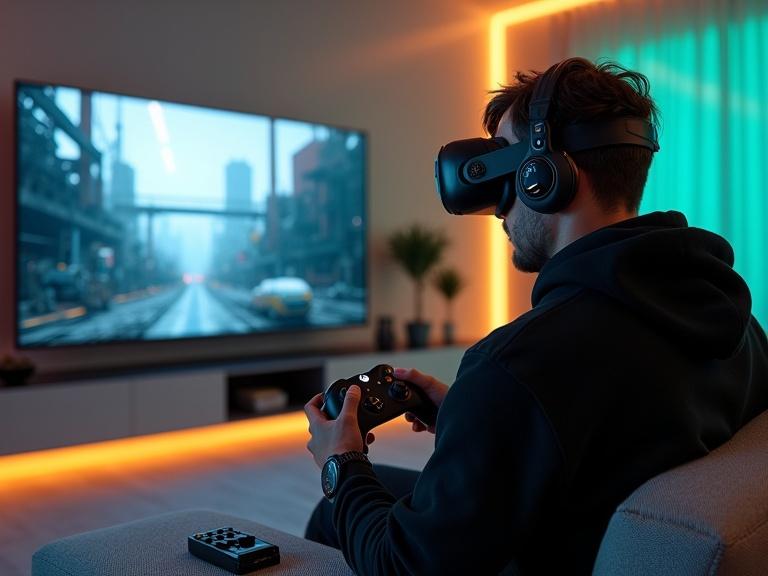 Ultra-realistic image of a man playing a retro-futuristic FPS game in a modern living room. He is wearing a VR headset and holding a modern game controller. Room features minimalist decor and advanced tech setup with a large TV displaying game footage. Cold blue and warm LED lighting create contrast. Focus on gaming aesthetics and tactile details.