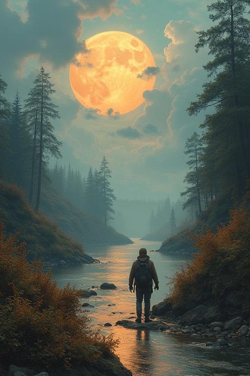 A traveler stands by a river in a misty landscape. A large orange moon illuminates the scene. Tall trees line the riverbanks. Soft clouds hover in the sky. The atmosphere feels magical and serene. The traveler is in silhouette against the moon.