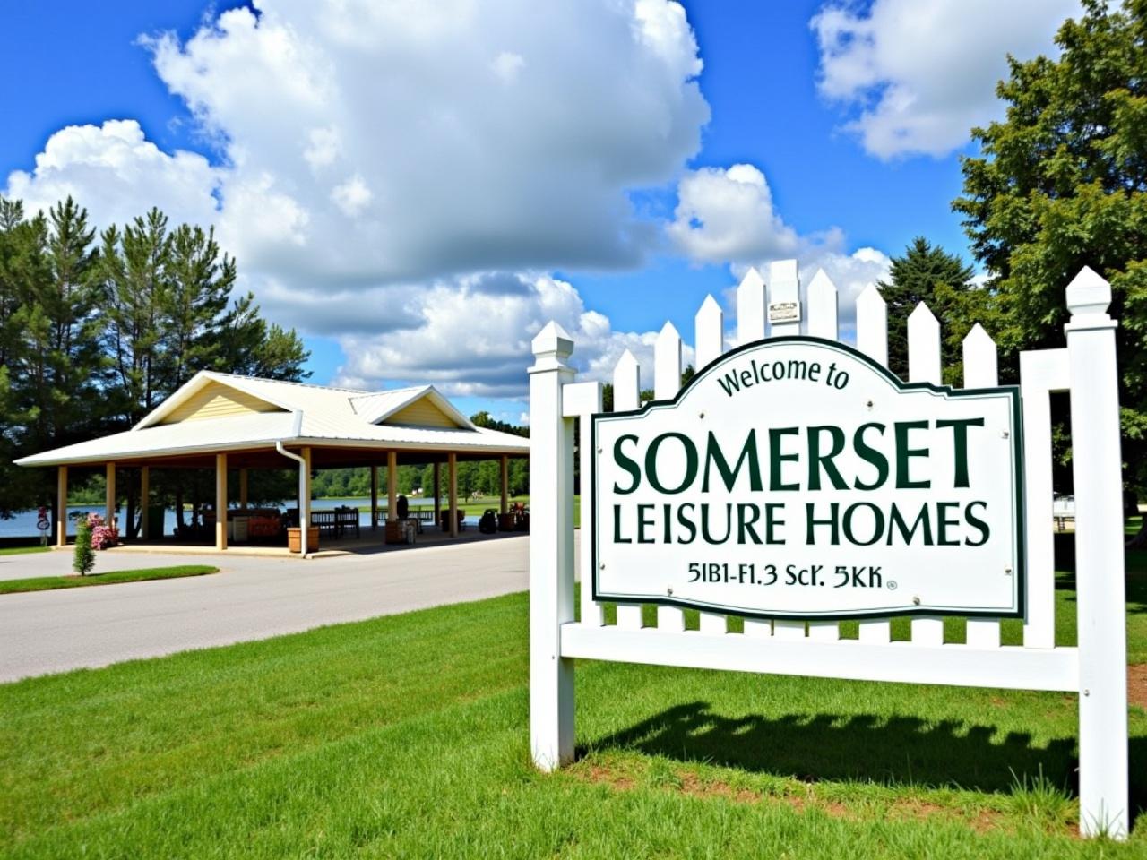 The image shows a welcoming sign for Somerset Leisure Homes, which is situated at 307-315 Sylan Lake Road. The sign is framed by a white picket fence and features green lettering. The area appears to be a leisure community, with a focus on private and relaxed living. To the left, there is a pavilion with a slanted roof, providing a shaded space, likely for gatherings or recreational activities. In the background, trees and a body of water can be seen, under a bright blue sky dotted with fluffy clouds. The ground is covered in green grass, contributing to a peaceful outdoor atmosphere.