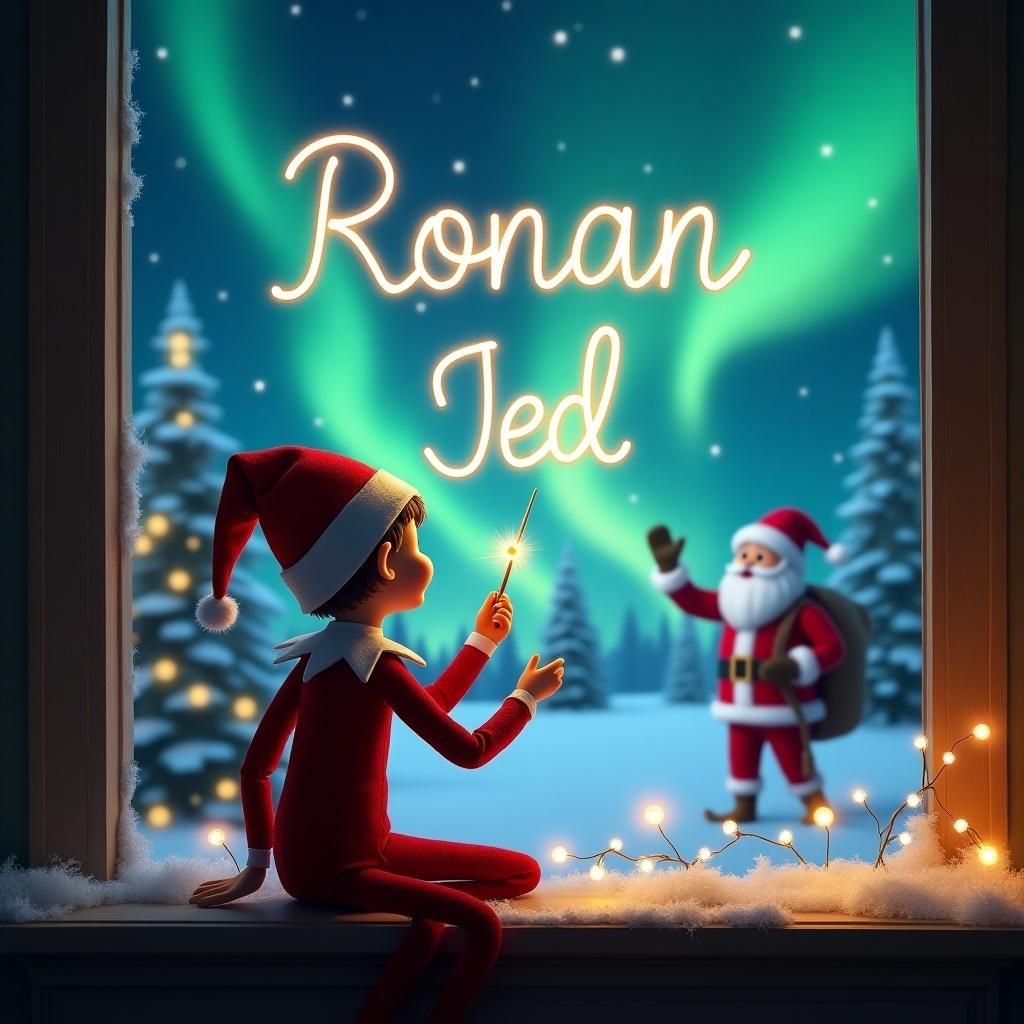 An elf on the shelf faces the sky. The elf uses a wand to write in the air. Magical Christmas backdrop features northern lights. Santa appears in the scene. Names Ronan and Jed are elegantly inscribed in the sky.