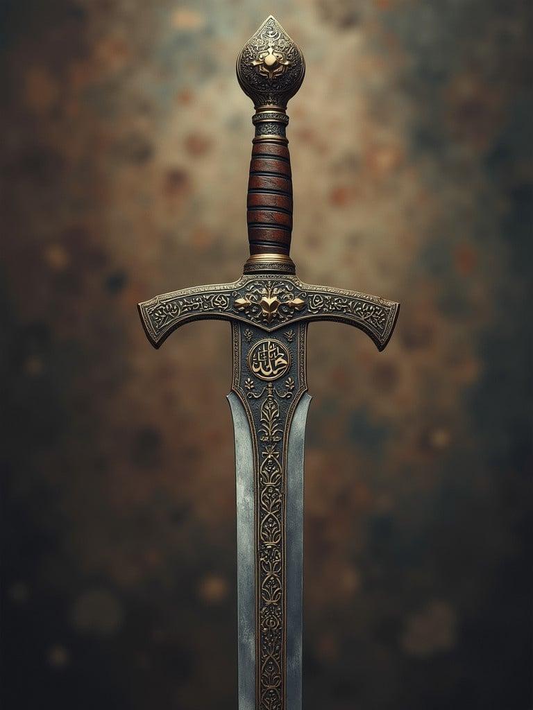 A beautifully crafted sword with ornate details. The sword has a decorative hilt with bronze and gold elements. The guard has intricate patterns. The blade is polished with a shiny finish. Background features a blurred gradient.