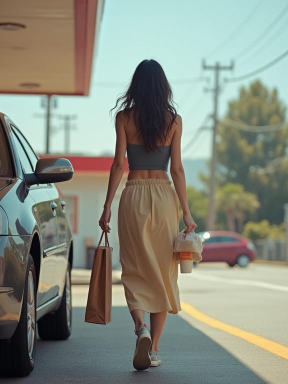 Woman walking to car at gas station. Carrying shopping bag and coffee. Wearing skirt and tank top. Daytime scene. Casual fashion. Low resolution image.