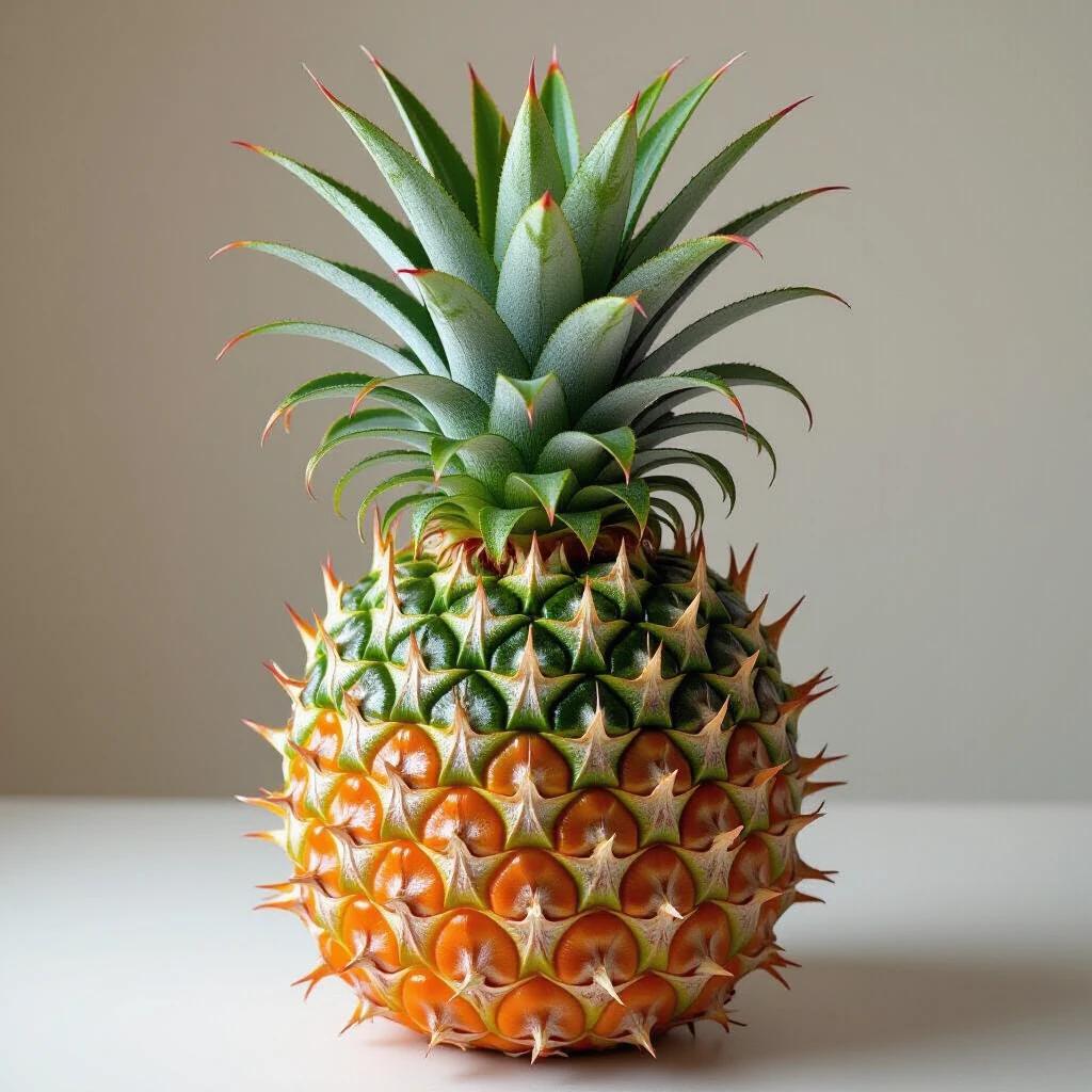 A pineapple with spiky skin resembling porcupine quills. Metallic leaves form the crown of the pineapple. Texture contrasts with the typical sweetness associated with pineapples. Unique and intimidating appearance of a tropical fruit.
