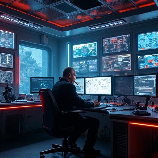 A man sitting in a chair inside a high-tech military command center. Surrounded by LED LCD monitor screens and computers. State-of-the-art military gadgets are present. Neon-colored fluorescent lamps illuminate the space. Multi-colored glowing neon wires and sophisticated electronic contraptions enhance the atmosphere.
