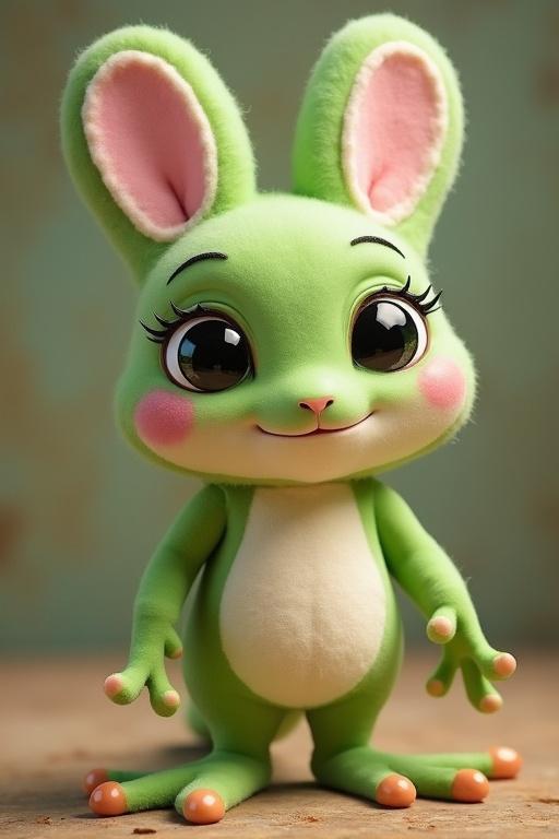 A cute green bunny character with big eyes and soft features. It has large pink ears and a friendly smile. The design is cartoonish and playful.