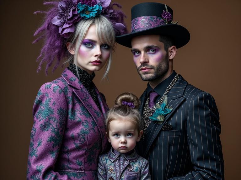 Surreal whimsical portrait of a family dressed in eccentric attire. Shades of purple, teal, and black dominate their intricate clothing patterns. Pin-striped and paisley designs are visible. The background features contrasting tones of brown and purple. The image is hyperdetailed with a whimsical aesthetic.